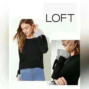 LOFT Tie Cuff Mixed Media Sweater Size XS Black Blue Long Sleeve Pullover  Top